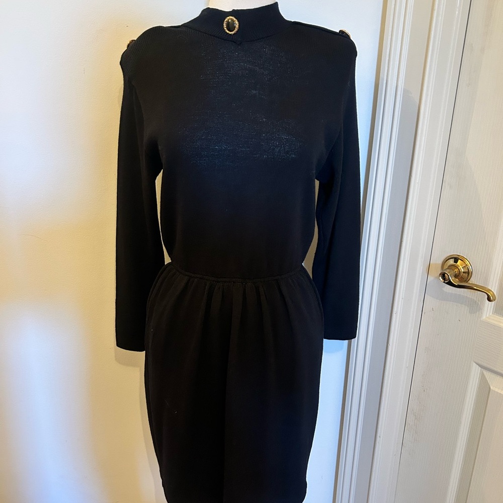 Vintage St John by Marie Gray Black Long Sleeve Knit Dress with Gold Button Trim